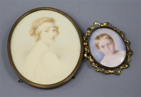 A 20th century watercolour miniature portrait and another portrait,